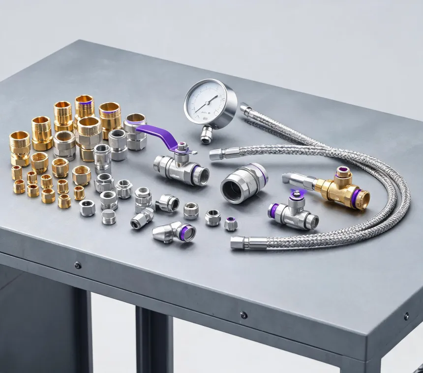 Swagelok tube fittings and valves on a clean industrial bench
